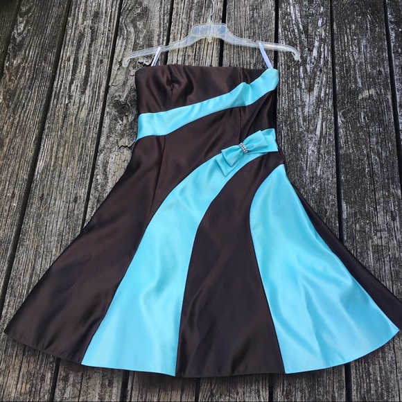 Brown and Teal Striped Short Prom Gown - Picture 1 of 16